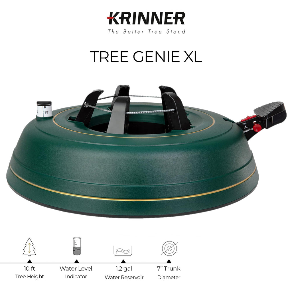 Krinner Tree Genie XL Tree Stand, Green - Fits 10 ft Trees | Original Single-Cable System, Foot Pedal Operation, Water Level Indicator, Ratchet Lock, No Assembly Required