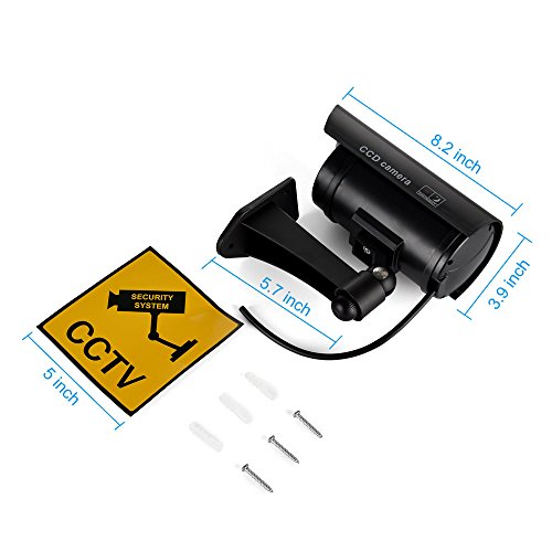 F FINDERS&CO Outdoor Fake Security Camera, Dummy CCTV Surveillance System with Realistic Red Flashing Lights and Warning Sticker (4, Black)