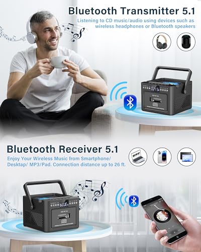 Sunoony Boombox Cassette CD Player Combo with Bluetooth, 5000mAh Battery | Rechargeable Cd and Cassette Player for Home,FM Radio/Remote Control/Tape Recording/AUX/TF/USB/Earphone Jack for Kids, Gift
