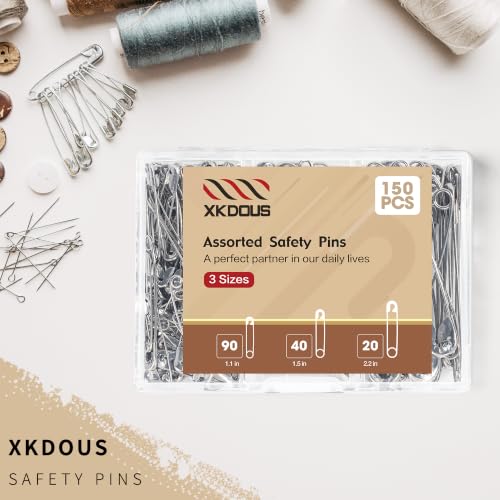 XKDOUS 150 Pack Safety Pins for Clothes 3 Universal Assorted Sizes, Silver | Small & Large Safety Pin, Strong Heavy Duty Sharp Edge Pins Bulk, Fasteners for Clothing, Sewing, Crafting