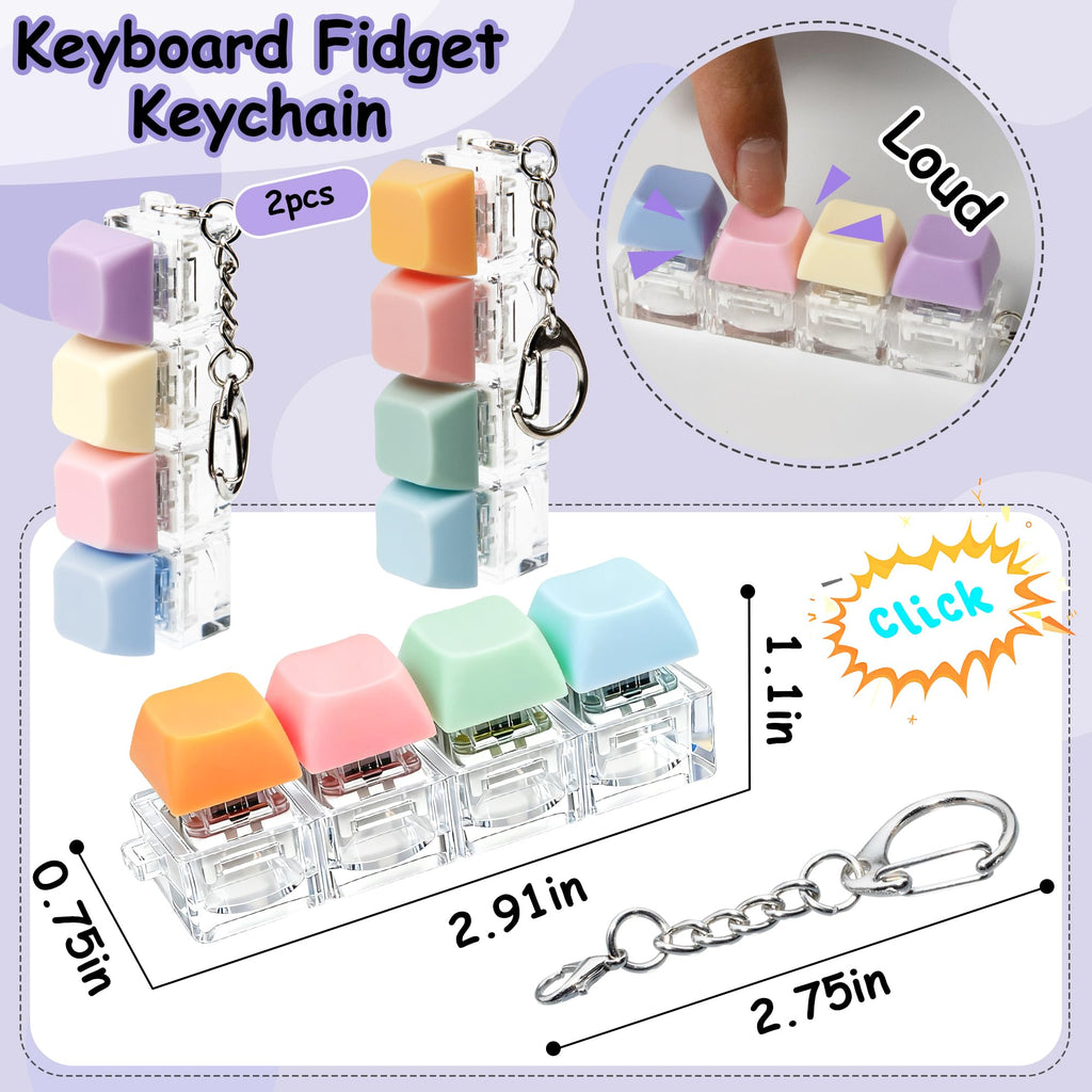 2 PCS Keyboard Fidget Toy, Keyboard Fidget Keychain 4-in-1 Keyboard Decompression Button Finger Clicker Toys (Purple Blue Pink Orange, General)
