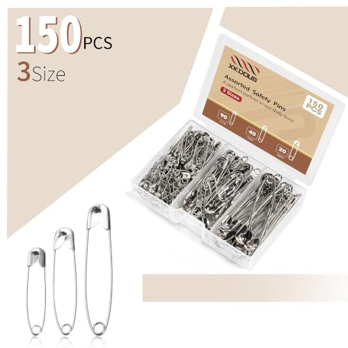 XKDOUS 150 Pack Safety Pins for Clothes 3 Universal Assorted Sizes, Silver | Small & Large Safety Pin, Strong Heavy Duty Sharp Edge Pins Bulk, Fasteners for Clothing, Sewing, Crafting