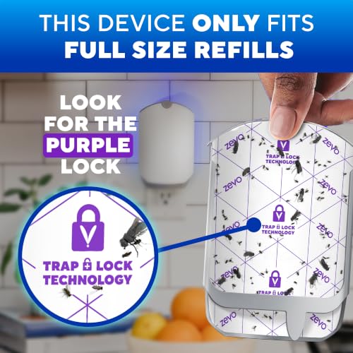 Zevo Flying Insect Trap for Fruit Flies & Gnats, 1 Plug-in Base & 3 Refills | Catches Fruit Flies & Gnats Near Fruit Bowls & Trash Bins, Spray-Free, Odor-Free, Blue & UV Light Trap, Safe for Kids & Pets*