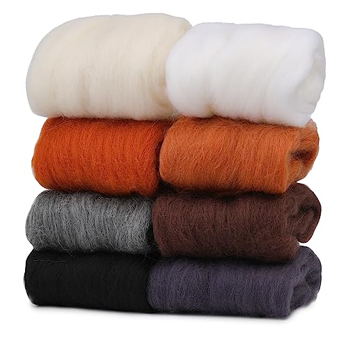 Wonvoc Needle Felting Wool 2.82 OZ, 8 Colors Wool Roving, Winter Dunes | 10g per Color, Felting Wool Bulk, Wool Roving for Needle Felting, for DIY Craft Materials, White, Black, Brown