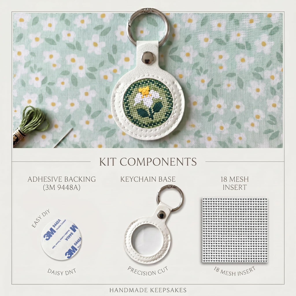 CATEARED Self Finishing Needlepoint Key Fob, DIY PU Leather Keychain with Double-Sided Clear Window 4x4 Inch 18 Mesh Cotton Blank Canvas & Adhesive Sticker, Needlepoint Kit for Adults