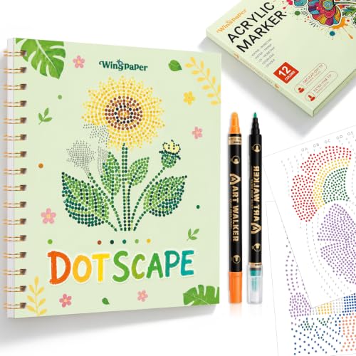 Coloring Book for Adults Dot Marker Set, 1 Pad & 12 Acrylic Paintbrushes | Single-sided tear-out pages with varied dot art themes for portable creative downtime
