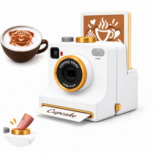 Manual Coffee Art Printer, Retro Camera-Style Latte Stencil Maker with 4/34 Random Pattern Cards, One-Press Powder Reusable Coffee Art Tool for Cappuccino, Foam Drinks，White：34 Random Stencils