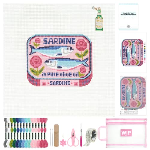 Kaitiaki 18 mesh Needlepoint Canvas Kit, 8 in Painted Canvas Set with Embroidery Floss, Needles, Guide Card, Instruction, Threader, Scissors & Project Bag for Crafter Gift(Sardine)