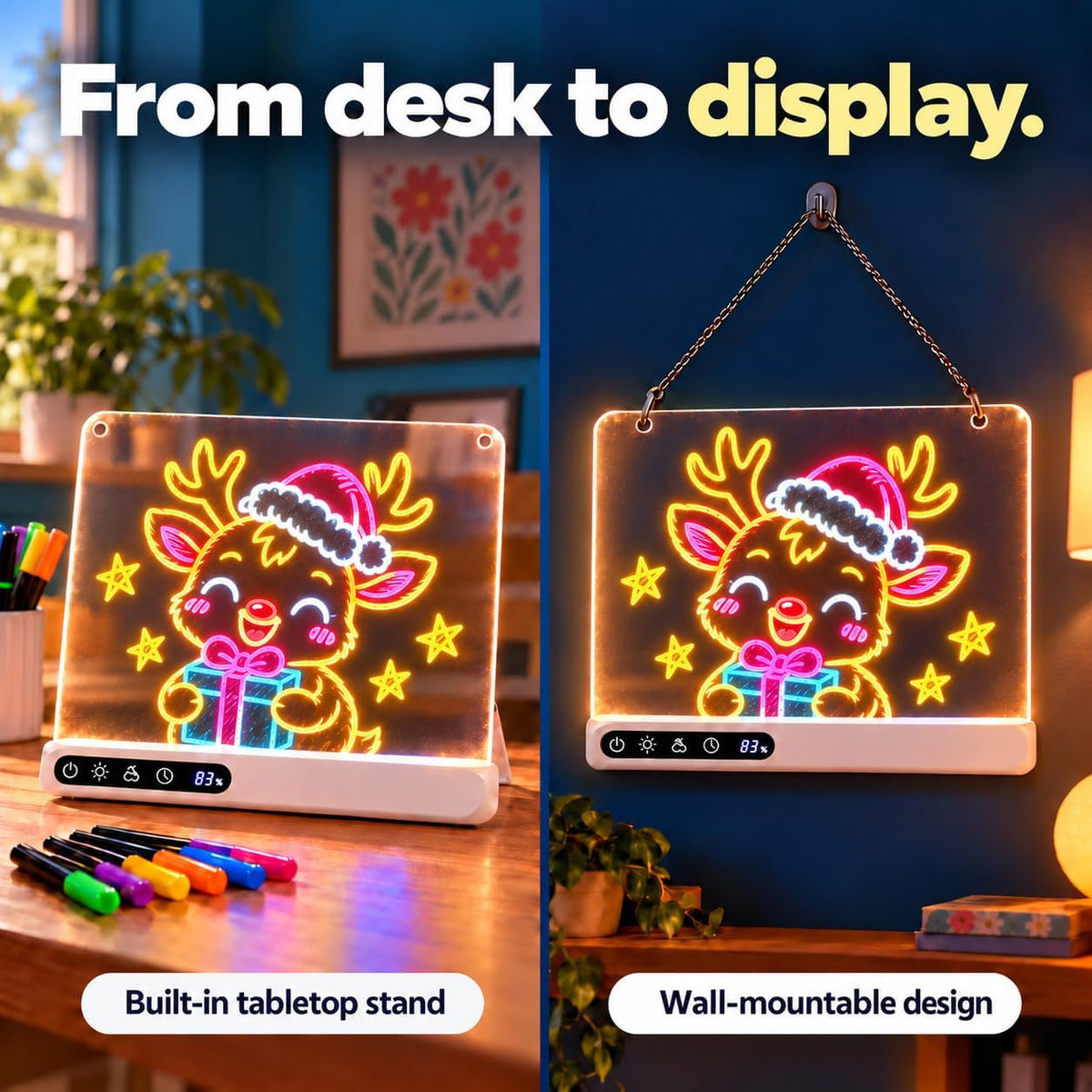 Cordless 16" LED Drawing Board for Kids | Wall Mountable Tabletop, Rechargeable Glow Doodle Note Board, 14 Light Effects, 7 Markers