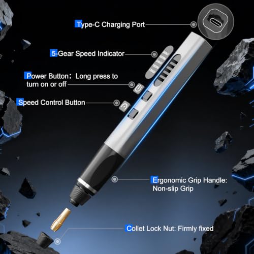 STREBITO Engraving Pen for Metal Wood Glass Plastic, 47 in 1 Engraving Kit | 5 Speeds Up to 36000 RPM, USB-C Rechargeable, Diamond Bit, Beginner Friendly, Portable Engraving Pen Kit for Artists & DIYers