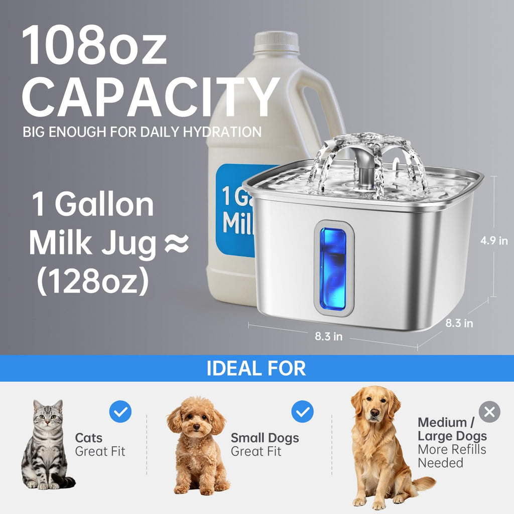Veken Innovation Award Winner Stainless Steel Cat Water Fountain, 108oz, C1 | Automatic Pet Fountain Dog Water Dispenser with 3 Replacement Filters & Silicone Mat, Gifts for Cats, Dogs (Silver)
