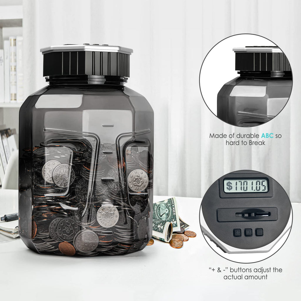 X-Large Piggy Bank for Adults Kids, Digital Coin Counting Bank LCD Counter | Vcertcpl 2.4L Capacity, Great Coin Counter Bank Money Counting Jar with Total Amount Displayed, Bank for All US Coins Gray