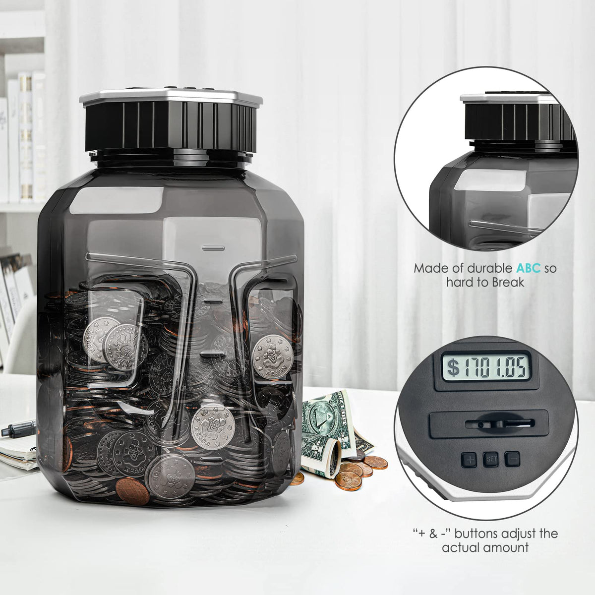 X-Large Piggy Bank for Adults Kids, Digital Coin Counting Bank LCD Counter | Vcertcpl 2.4L Capacity, Great Coin Counter Bank Money Counting Jar with Total Amount Displayed, Bank for All US Coins Gray