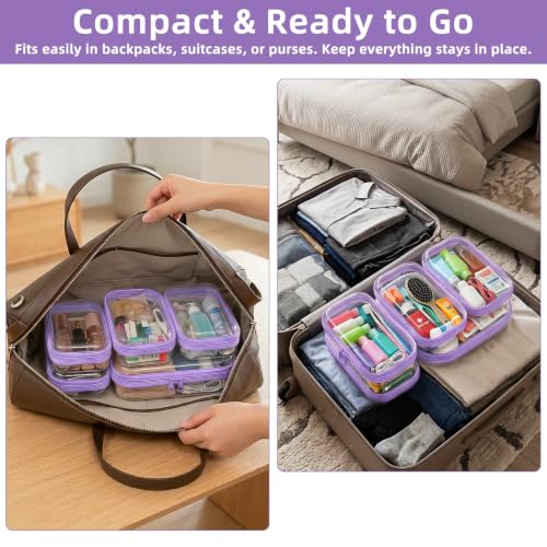 CarryEpic Clear Hard Shell Zipper Cases (5 Packs), Plastic Hard Sided Zippers Pouches Clear Hardshell Pencil Case For Storage, Diaper Bag Organizer Bliss Bins 4*Small/1*Medium, Purple