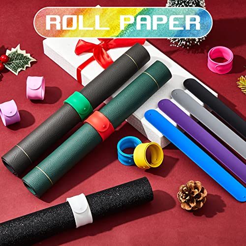Leyndo 12 Pcs Wrapping Paper Roll Holder Bands Silicone Snap,Multi Colors | Metal Strips Flip with Silicone Snap Bands Covered, 1 x 9 In, for Gift Wrapping Paper, Vinyl Roll, Poster, Reusable Organizer