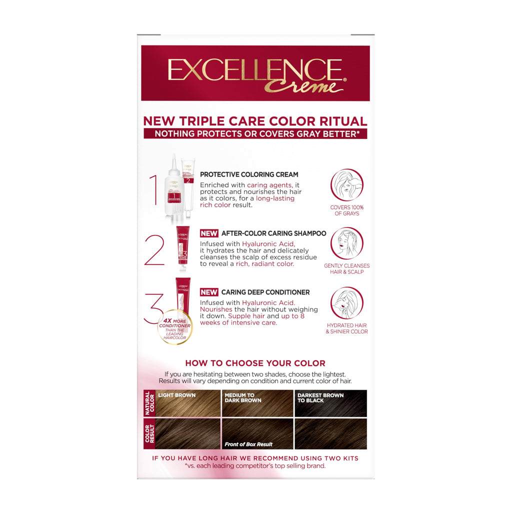 L'Oreal Paris Excellence Crème Permanent Hair Dye, Triple Care Hair Color with Hyaluronic Acid for 100% Gray Coverage, 4 Dark Brown, 1 Kit (Packaging May Vary)