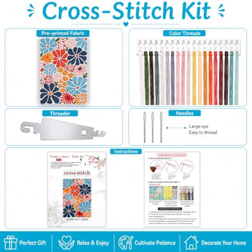 Stamped Cross Stitch Kits for Beginners-Modern Retro Floral,12x16in | 11CT Cross Stitch Kits for Adults,Partial Cross-Stitch Kit,DIY Arts and Crafts,Embroidery Kit for Adults Beginners,Frameless