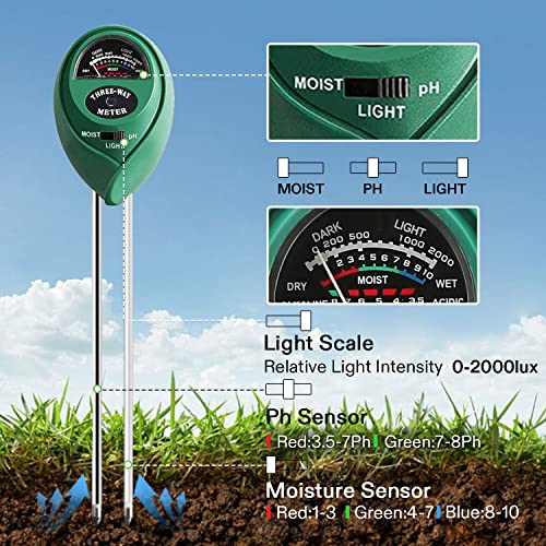 VIVOSUN Plant Soil Moisture Meter, 3-in-1 pH Tester, Indoor & Outdoor Use | Battery-Free; 3-in-1 Plant pH Tester; Home, Garden, Lawn, Farm; Promote Plants Healthy Growth