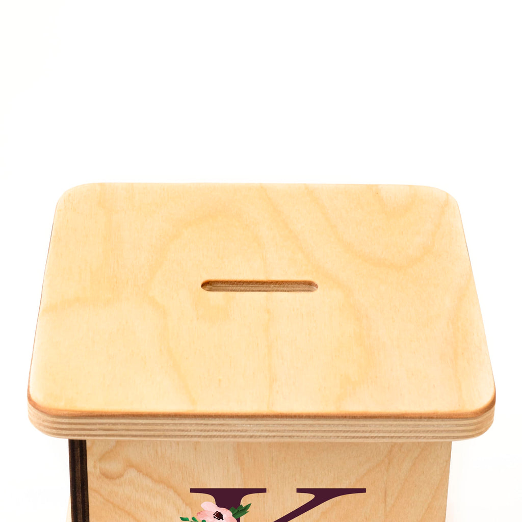 Wooden Piggy Bank for Kids and Adults, Personalized Gift Handmade in USA by BloomOwl, Custom Piggy Bank, Personalized Banks for Kids, Gifts for Baby Boys and Girls (Plum Floral)