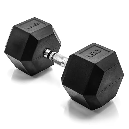 CAP Rubber Coated Dumbbell Weights, Free Weights for Home Gym Strength Training, Anti-Roll Hex Dumbbells with Black, Chrome & Comfort Grip Handles, Singles