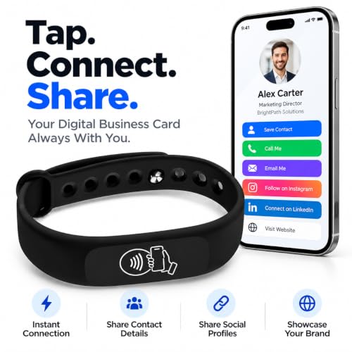 NFC Smart Business Card Wristband, Adjustable (Black) | QR Code, Waterproof Silicone, Tap to Share Contact Info, Works with iPhone and Android