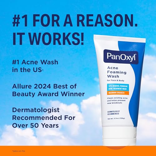 PanOxyl Acne Foaming Wash, 10% Benzoyl Peroxide, For Face & Body, 5.5 oz | Maximum Strength, Antibacterial Daily Cleanser, Treats & Prevents Acne, Non-Comedogenic, Vegan, Unscented, All Skin Types