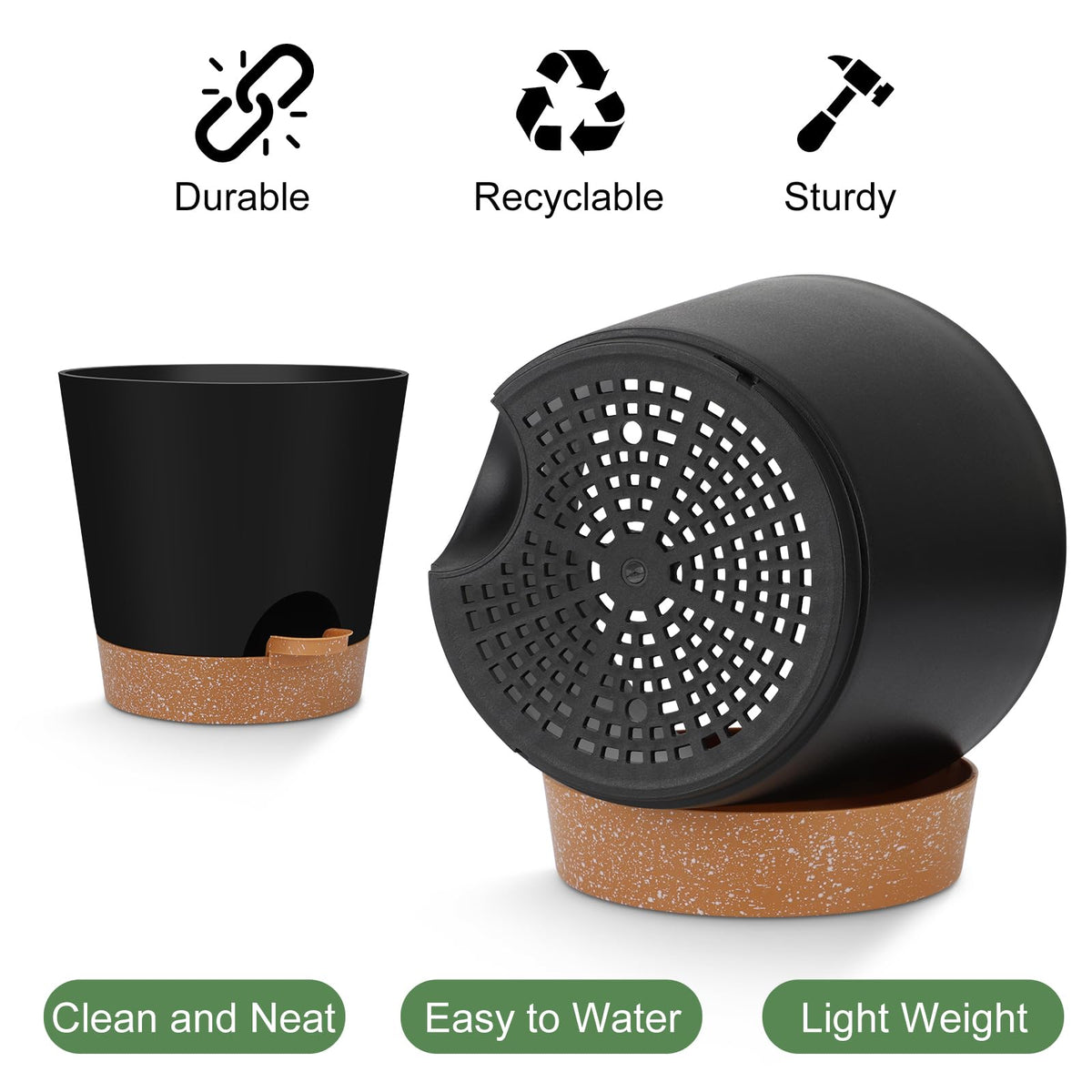 YNNICO 8,7, 6.5, 6, 5.5, 5 Inches Self Watering Planters for Indoor Plants | Black,Drainage Holes and Saucers,Modern Lightweight Plastic Plant Pots for Indoor/Outdoor.