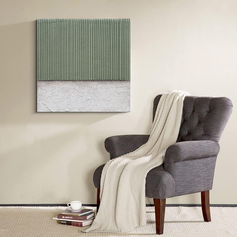 NANKAI Art Hand-Painted White and Green Textured Oil Painting Modern Minimalist Abstract Art. 24x24 inches. Decorative wall Hanging for Home or Office Corridor