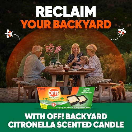 OFF! Backyard Citronella Outdoor Candle, 8 oz (2-Pack) | Reduces the Presence of Mosquitoes and Insects, Up to 30 Hour Burn Time Per Candle, Patio and Backyard Use, Ambient Glow