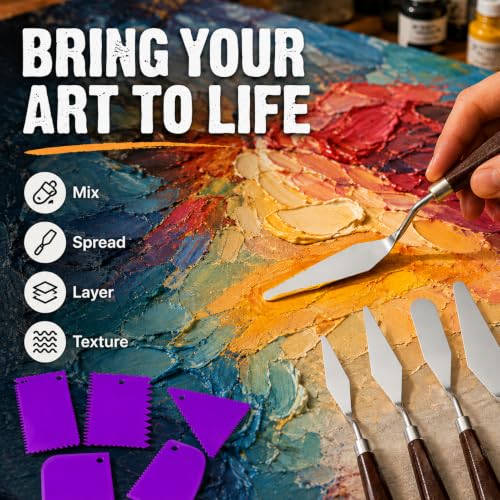 Painting Palette Knife- 5pcs Palette Knives With 6 Plastic Scrapers Set | 11Pcs Art Paint Tool Stainless Steel Spatula for Oil, Canvas, Acrylic Painting & Cake Decorating