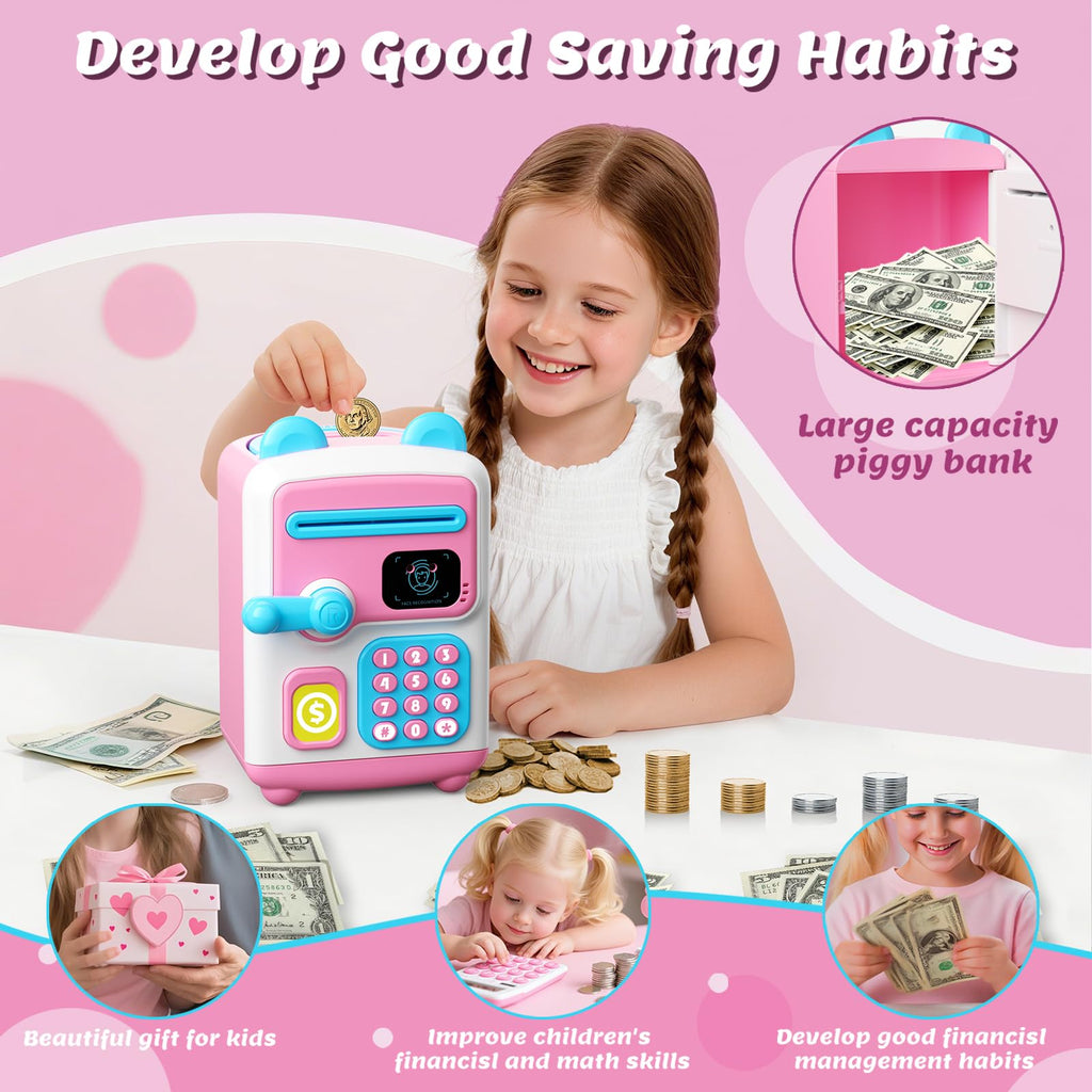 【Upgraded】 Piggy Bank, Face ID Password Unlocking Electronic Kids Bank ATM Security Unlocking Cash Coin Bank Toys Gifts for Kids, Coin Bank for 3 4 5 6 7 8 9 10 11 12 Year Old Girls Boys