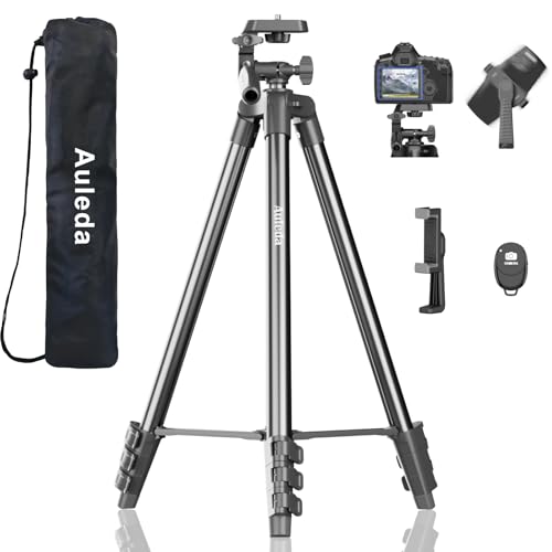 Auleda 60″ Camera Tripod Lightweight Travel Stand for Canon Nikon Phone | with Wireless Remote Phone Holder and Bag Max Load 6.6 LB Black