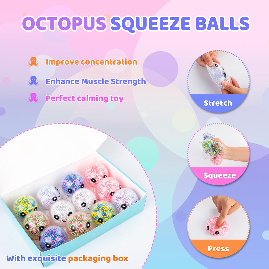VESPRO 12 Pack Fidget Stress Balls for Adults, Cute Octopus Stress Ball | Features a soft, squeezable texture, Bulk Squishy Squeeze Ball Toys Set for Classroom Prizes and Birthday Party Favors