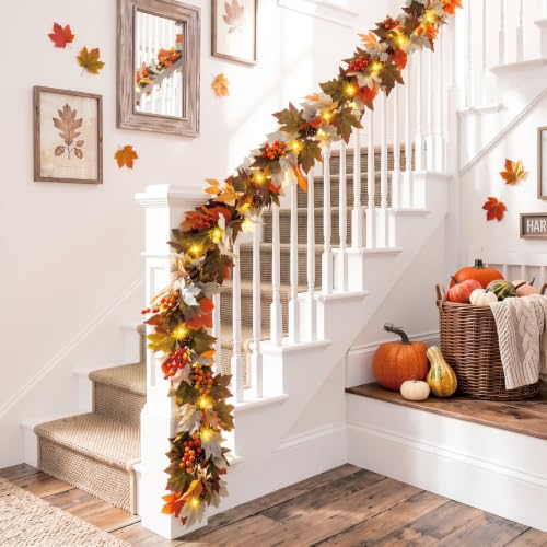 Luxspire 6 FT Fall Garland with Lights and Timer for Fall Decor | Fall Leaves Garland with Lights, Berries Maple Leaves Pinecones, Fall Decorations for Home Mantle Porch Window Stair Railing