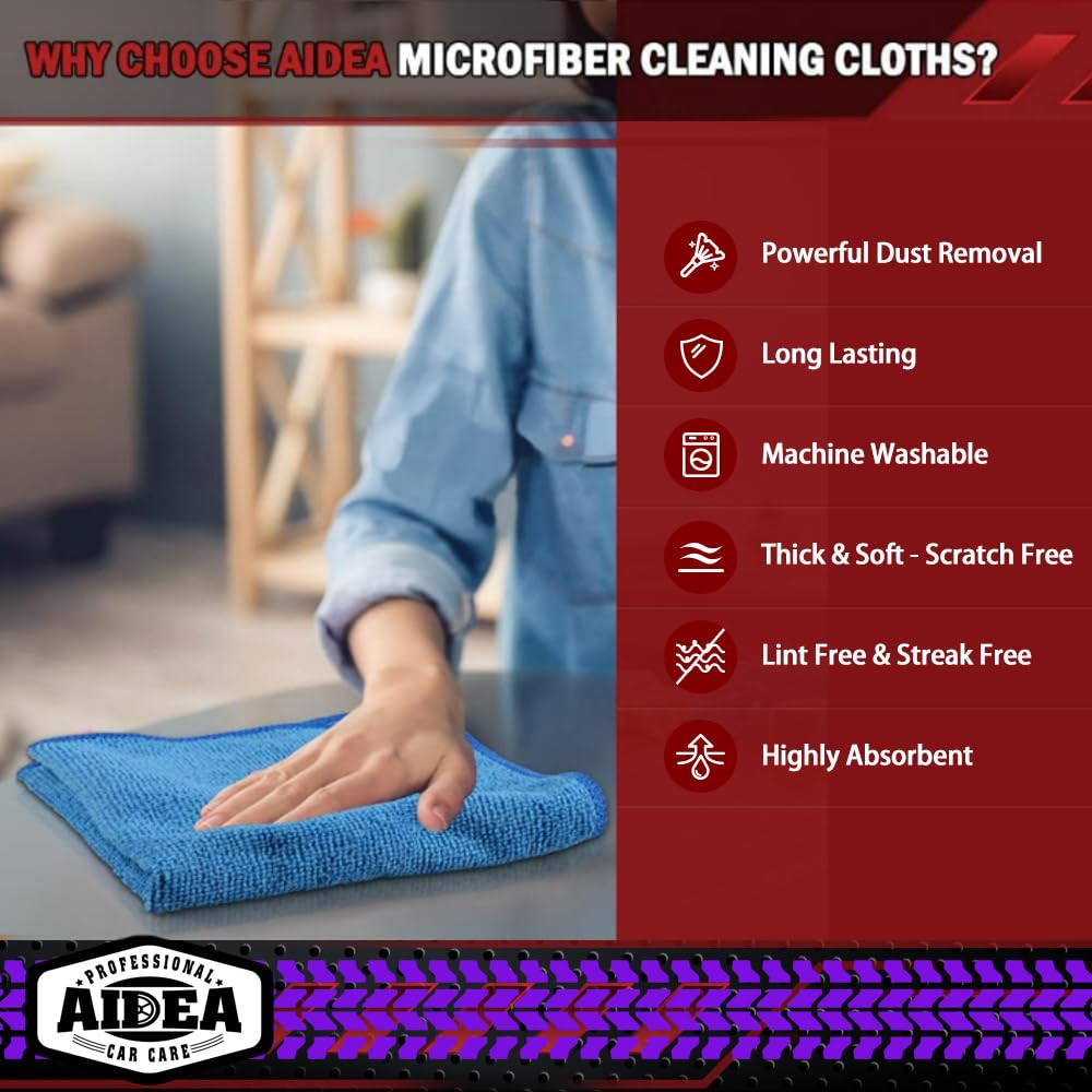 AIDEA Microfiber Cleaning Cloth-50PK, Microfiber Towels for Cars, 12"×12" | Premium Wash Cloths, Dusting Cloth Cleaning Rags, Absorbent Towels for SUVs, House, Kitchen, Window, Cleaning Supplies