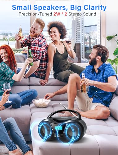 Greadio Portable Boombox CD Players for Home with Bluetooth, Stereo Sound | FM Radio CD Player, Simple Controls, CD/CD-R/RW, Compact, AC/Battery Power, USB & AUX Input Playback, Sleep Timer (Black