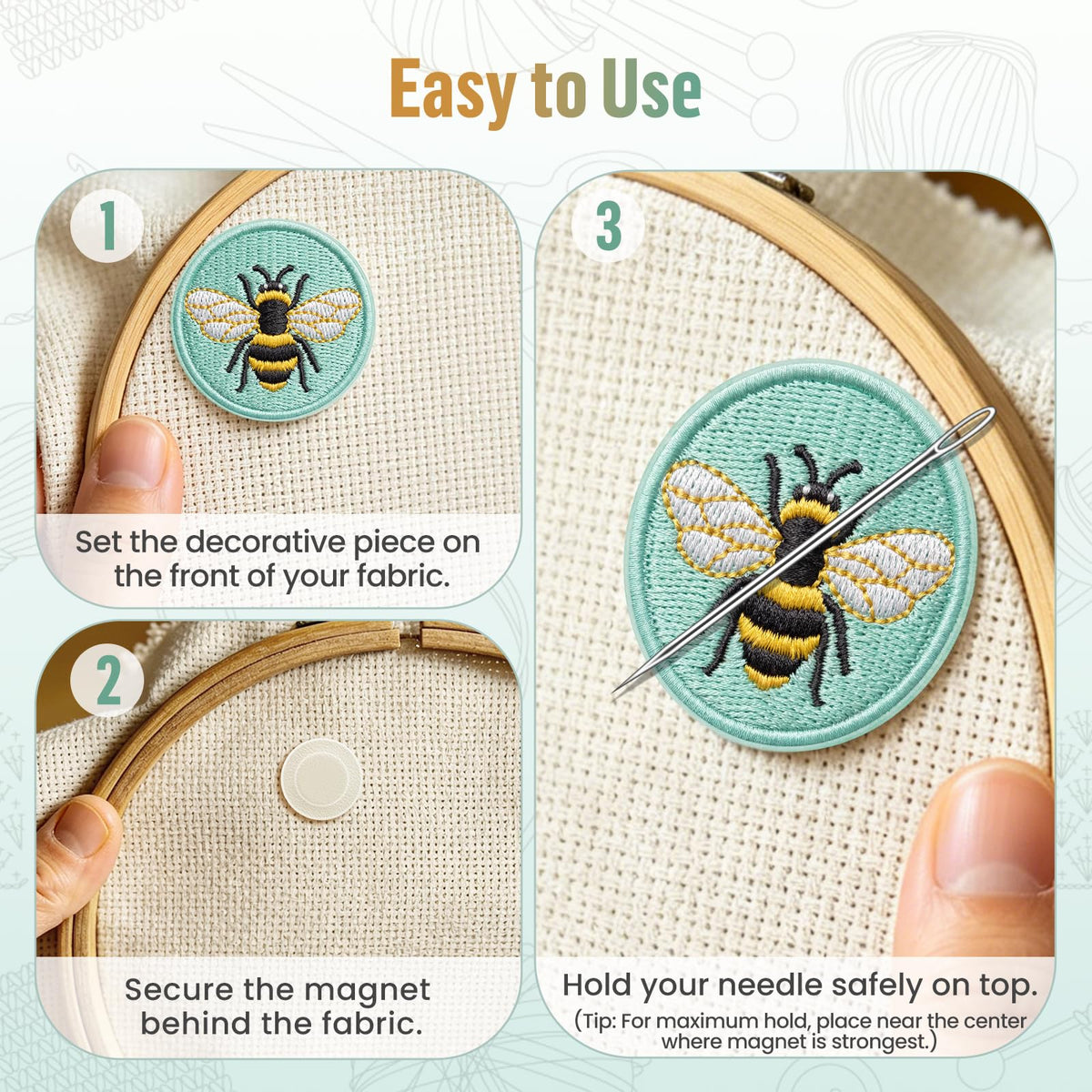 DELLAN 2-Pack Magnetic Needle Minder for Cross Stitch & Embroidery | Magnet keeper for cross stitch, embroidery, quilting & needlepoint Cute bee & butterfly sewing craft gifts