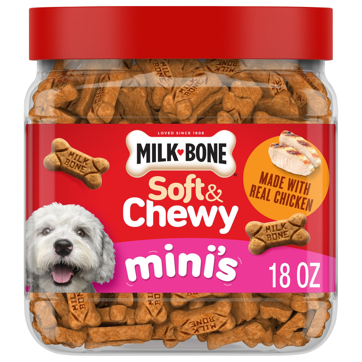 Milk-Bone Soft & Chewy Mini's Dog Training Treats, 18 oz Canister | Made with real chicken breast, small dog treats for training and rewarding, 18% protein, fortified with vitamins and minerals