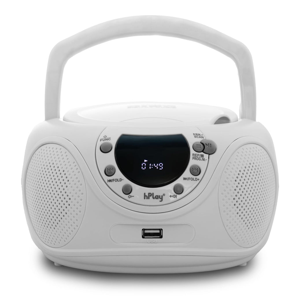 hPlay P16 Portable CD Player Boombox with Bluetooth, White | CD/CD-R/MP3-CD, FM Digital Radio, USB/MP3 Playback, Aux-In & Headphone Jack, AC/Battery Powered