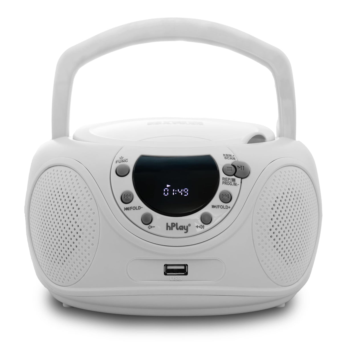 hPlay P16 Portable CD Player Boombox with Bluetooth, White | CD/CD-R/MP3-CD, FM Digital Radio, USB/MP3 Playback, Aux-In & Headphone Jack, AC/Battery Powered