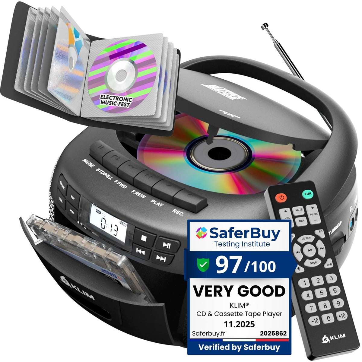 CD Cassette Player with Case, Bluetooth Boombox, AM FM Radio, USB Drive | 3W Stereo Speakers, Song Programming Included, Remote Operates Up to 6 Metres Away - Black