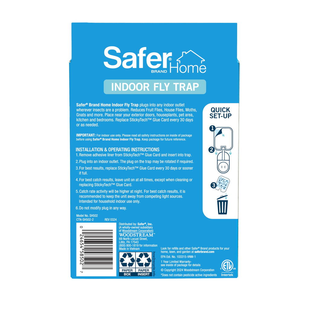 Safer Home Flying Insect Trap, Plug-In Fruit Fly Trap for Indoors, 1-Pack | Flying Insect, Moth, & Gnat Trap, Fruit Fly Killer, Fly Catcher, 24/7 Catch, Chemical-Free, 1 Trap + 2 Glue Cards, SH502