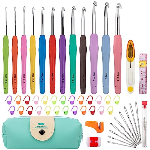 MECHEER Crochet Hooks 12 Sizes Set, 51 Pack Yarn Crochet Kit for Beginners | Knitting Needles with Ergonomic Handles for Arthritic Hands, Crochet Needle Kit with Blue Case for Crocheters