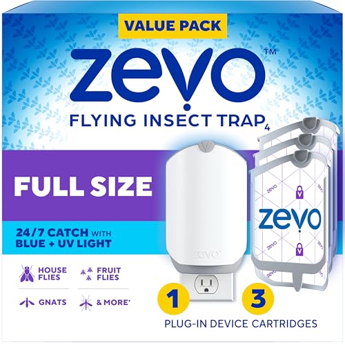 Zevo Flying Insect Trap for Fruit Flies & Gnats, 1 Plug-in Base & 3 Refills | Catches Fruit Flies & Gnats Near Fruit Bowls & Trash Bins, Spray-Free, Odor-Free, Blue & UV Light Trap, Safe for Kids & Pets*
