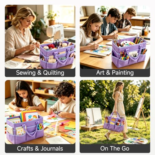 AUVCAS Craft Organizer Tote Bag, Art Supply Organizer Bag for Art Supplies | 10 Pockets,Portable Handle,Collapsible Design,Reinforced Base,Sturdy Art Caddy Bag for Scrapbooking,Craft,Art,Sewing