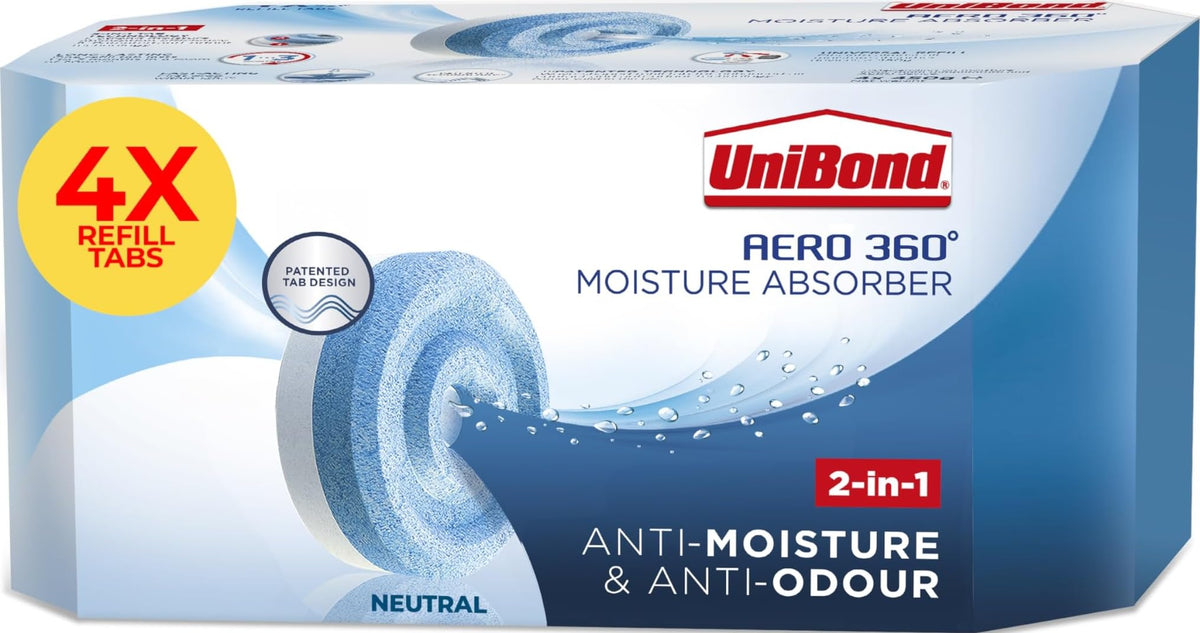UniBond AERO 360° Moisture Absorber Neutral Refill Tab, 450 g, Pack of 4 | Ultra-absorbent and odour-neutralising, Compatible with AERO 360° Dehumidifier, Condensation absorber