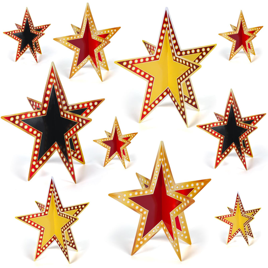 Sinload 45 Piece 3D Glitter Star Centerpieces Red Black Gold Party Decor | 300 Gsm Cardstock with 15 Pieces Per Size in 8" 5" 3" Formats for Standing Hanging Back to School Movie Night Awards Decor