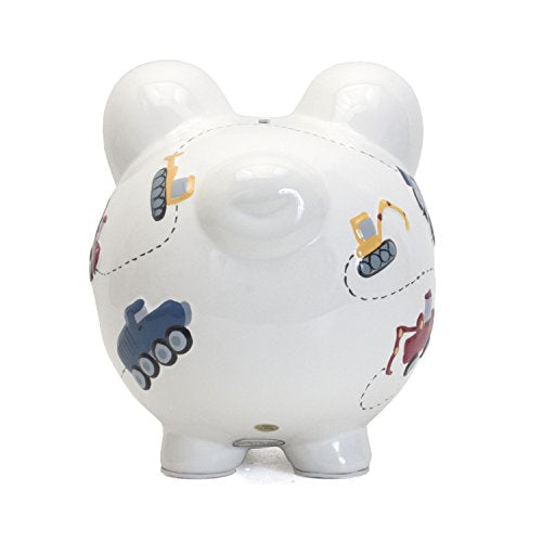 Child to Cherish Ceramic Piggy Bank for Boys, Construction Trucks, White