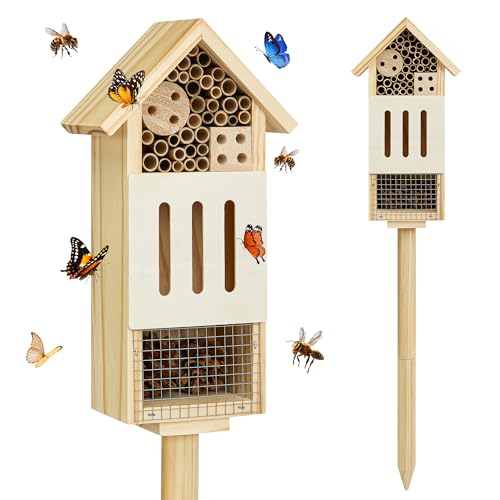 UUMENHA Bee House Bug Hotel & Butterfly House with Stake,Ladybug Hotel | Natural Insect Habitat for Garden, Patio, or Yard, Attracts Pollinators, 10.4 x 5.5 x 3.2 Inches,14 inches Stake