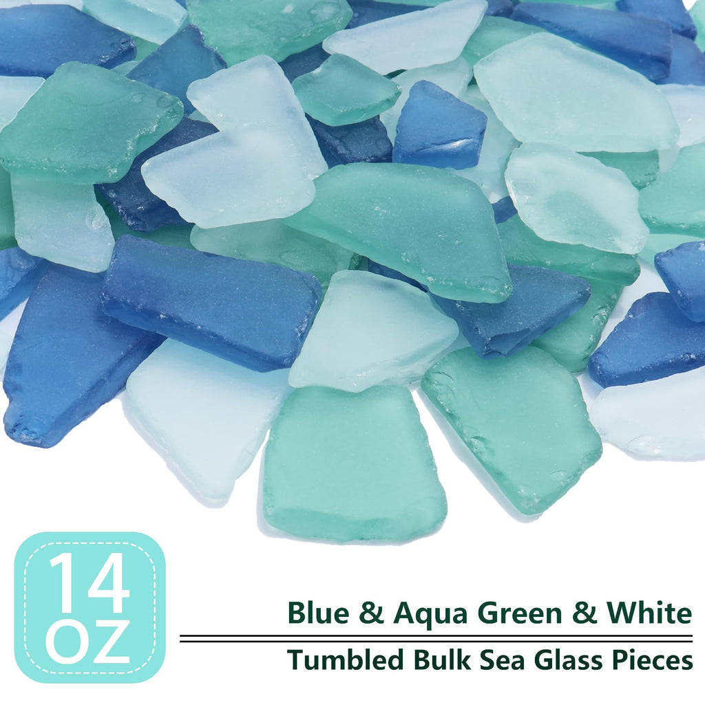 QYGL Sea Glass for Crafts - 14oz Blue Mixed Frosted Seaglass Pieces | Vase Filler and Aquarium Ornament, DIY Craft Supplies for Art, Beach Weddings, and Home Decor